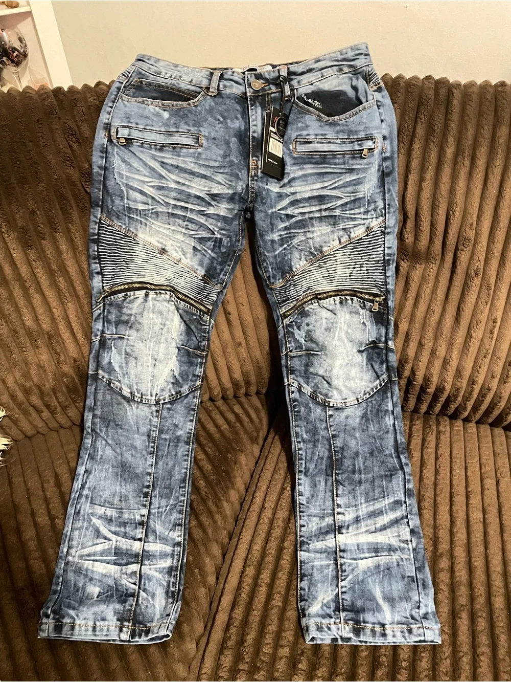 Men’s Blue Washed Flared Moto Jeans